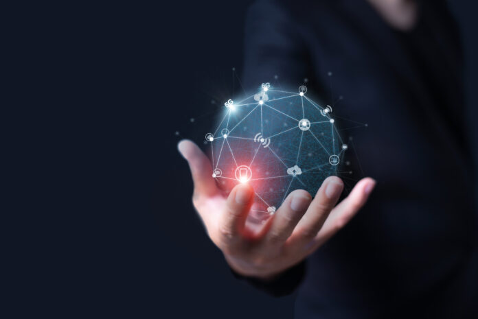Hand holding virtual global connection with 5G technology. Global network connection and future technology concept. High-speed internet. Wireless system for internet of thing.