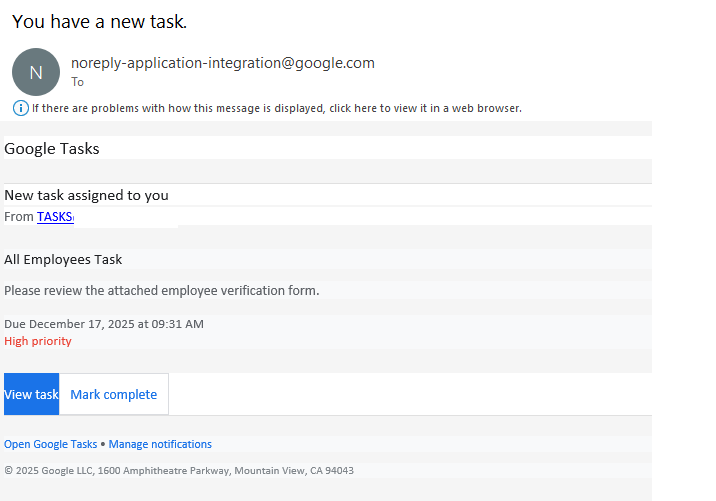 Un email enviado por los atacantes a través de Google Tasks