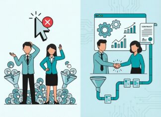 El fin de la tiranía del clic: Por qué el marketing B2B debe medir impacto y no tráfico Ilustración dividida en dos paneles que muestra a dos profesionales abrumados por una montaña de iconos de clics en la izquierda, y a dos profesionales cerrando un trato comercial con gráficos de crecimiento y un contrato en la derecha.