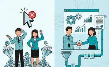 El fin de la tiranía del clic: Por qué el marketing B2B debe medir impacto y no tráfico Ilustración dividida en dos paneles que muestra a dos profesionales abrumados por una montaña de iconos de clics en la izquierda, y a dos profesionales cerrando un trato comercial con gráficos de crecimiento y un contrato en la derecha.