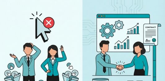 El fin de la tiranía del clic: Por qué el marketing B2B debe medir impacto y no tráfico Ilustración dividida en dos paneles que muestra a dos profesionales abrumados por una montaña de iconos de clics en la izquierda, y a dos profesionales cerrando un trato comercial con gráficos de crecimiento y un contrato en la derecha.
