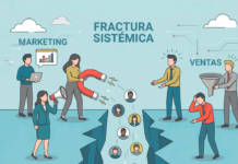 Alineación comercial: La clave para frenar la pérdida de leads en el sector IT B2B Representación visual de la crisis de alineación comercial B2B, donde la falta de coordinación provoca que los leads calificados se pierdan en la brecha operativa entre marketing y ventas.