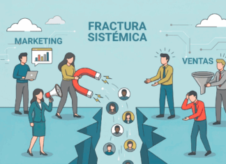 Alineación comercial: La clave para frenar la pérdida de leads en el sector IT B2B Representación visual de la crisis de alineación comercial B2B, donde la falta de coordinación provoca que los leads calificados se pierdan en la brecha operativa entre marketing y ventas.