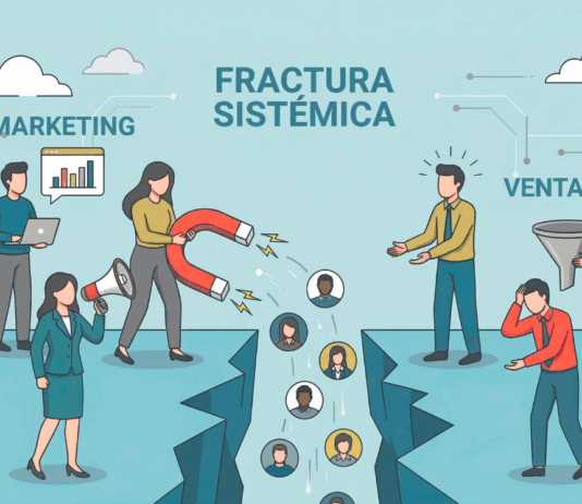 Alineación comercial: La clave para frenar la pérdida de leads en el sector IT B2B Representación visual de la crisis de alineación comercial B2B, donde la falta de coordinación provoca que los leads calificados se pierdan en la brecha operativa entre marketing y ventas.