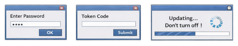 Ejemplos de cuadros de diálogo de MS Windows mostrados por los atacantes a la víctima: captura de contraseñas, captura de tokens/MFA, pantalla de carga falsa