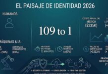 Palo Alto Networks alerta sobre el crecimiento acelerado de identidades digitales impulsadas por IA Infografía titulada "El paisaje de identidad 2026" con fondo degradado en verde azulado oscuro, basada en un estudio de Palo Alto Networks. En el centro resalta en letras grandes la proporción "109 to 1", indicando la relación entre identidades de máquinas e IA frente a las humanas. A la izquierda, un icono de silueta humana se contrapone a un icono de brazo robótico, acompañados por datos de brechas globales exitosas (90%) y amenazas de IA persistentes (83%). En la parte inferior se detalla una velocidad de ataque de 72 minutos y que los ataques en México son mayores o iguales al 60%. A la derecha, gráficos de líneas y barras ilustran los costos financieros, señalando un costo anual en México de 235 mil dólares y pérdidas por fallas de certificados de 272 mil dólares, concluyendo abajo con un diagrama de flujo sobre la consolidación de plataformas de seguridad con IA gestionadas en tiempo real.