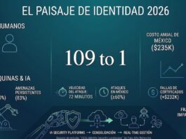 Palo Alto Networks alerta sobre el crecimiento acelerado de identidades digitales impulsadas por IA Infografía titulada "El paisaje de identidad 2026" con fondo degradado en verde azulado oscuro, basada en un estudio de Palo Alto Networks. En el centro resalta en letras grandes la proporción "109 to 1", indicando la relación entre identidades de máquinas e IA frente a las humanas. A la izquierda, un icono de silueta humana se contrapone a un icono de brazo robótico, acompañados por datos de brechas globales exitosas (90%) y amenazas de IA persistentes (83%). En la parte inferior se detalla una velocidad de ataque de 72 minutos y que los ataques en México son mayores o iguales al 60%. A la derecha, gráficos de líneas y barras ilustran los costos financieros, señalando un costo anual en México de 235 mil dólares y pérdidas por fallas de certificados de 272 mil dólares, concluyendo abajo con un diagrama de flujo sobre la consolidación de plataformas de seguridad con IA gestionadas en tiempo real.