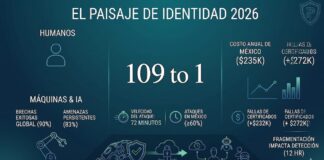 Palo Alto Networks alerta sobre el crecimiento acelerado de identidades digitales impulsadas por IA Infografía titulada "El paisaje de identidad 2026" con fondo degradado en verde azulado oscuro, basada en un estudio de Palo Alto Networks. En el centro resalta en letras grandes la proporción "109 to 1", indicando la relación entre identidades de máquinas e IA frente a las humanas. A la izquierda, un icono de silueta humana se contrapone a un icono de brazo robótico, acompañados por datos de brechas globales exitosas (90%) y amenazas de IA persistentes (83%). En la parte inferior se detalla una velocidad de ataque de 72 minutos y que los ataques en México son mayores o iguales al 60%. A la derecha, gráficos de líneas y barras ilustran los costos financieros, señalando un costo anual en México de 235 mil dólares y pérdidas por fallas de certificados de 272 mil dólares, concluyendo abajo con un diagrama de flujo sobre la consolidación de plataformas de seguridad con IA gestionadas en tiempo real.