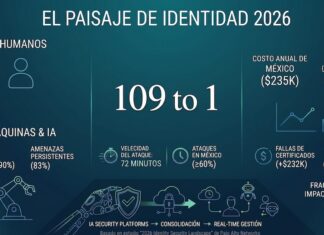 Palo Alto Networks alerta sobre el crecimiento acelerado de identidades digitales impulsadas por IA Infografía titulada "El paisaje de identidad 2026" con fondo degradado en verde azulado oscuro, basada en un estudio de Palo Alto Networks. En el centro resalta en letras grandes la proporción "109 to 1", indicando la relación entre identidades de máquinas e IA frente a las humanas. A la izquierda, un icono de silueta humana se contrapone a un icono de brazo robótico, acompañados por datos de brechas globales exitosas (90%) y amenazas de IA persistentes (83%). En la parte inferior se detalla una velocidad de ataque de 72 minutos y que los ataques en México son mayores o iguales al 60%. A la derecha, gráficos de líneas y barras ilustran los costos financieros, señalando un costo anual en México de 235 mil dólares y pérdidas por fallas de certificados de 272 mil dólares, concluyendo abajo con un diagrama de flujo sobre la consolidación de plataformas de seguridad con IA gestionadas en tiempo real.