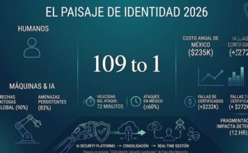 Palo Alto Networks alerta sobre el crecimiento acelerado de identidades digitales impulsadas por IA Infografía titulada "El paisaje de identidad 2026" con fondo degradado en verde azulado oscuro, basada en un estudio de Palo Alto Networks. En el centro resalta en letras grandes la proporción "109 to 1", indicando la relación entre identidades de máquinas e IA frente a las humanas. A la izquierda, un icono de silueta humana se contrapone a un icono de brazo robótico, acompañados por datos de brechas globales exitosas (90%) y amenazas de IA persistentes (83%). En la parte inferior se detalla una velocidad de ataque de 72 minutos y que los ataques en México son mayores o iguales al 60%. A la derecha, gráficos de líneas y barras ilustran los costos financieros, señalando un costo anual en México de 235 mil dólares y pérdidas por fallas de certificados de 272 mil dólares, concluyendo abajo con un diagrama de flujo sobre la consolidación de plataformas de seguridad con IA gestionadas en tiempo real.