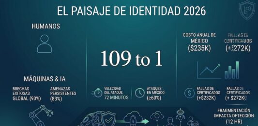 Palo Alto Networks alerta sobre el crecimiento acelerado de identidades digitales impulsadas por IA Infografía titulada "El paisaje de identidad 2026" con fondo degradado en verde azulado oscuro, basada en un estudio de Palo Alto Networks. En el centro resalta en letras grandes la proporción "109 to 1", indicando la relación entre identidades de máquinas e IA frente a las humanas. A la izquierda, un icono de silueta humana se contrapone a un icono de brazo robótico, acompañados por datos de brechas globales exitosas (90%) y amenazas de IA persistentes (83%). En la parte inferior se detalla una velocidad de ataque de 72 minutos y que los ataques en México son mayores o iguales al 60%. A la derecha, gráficos de líneas y barras ilustran los costos financieros, señalando un costo anual en México de 235 mil dólares y pérdidas por fallas de certificados de 272 mil dólares, concluyendo abajo con un diagrama de flujo sobre la consolidación de plataformas de seguridad con IA gestionadas en tiempo real.
