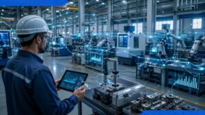 Perfil de un operador industrial con casco blanco de seguridad y gafas protectoras, de espaldas, observando una planta de producción automatizada mientras sostiene una tableta digital. Sobre los brazos robóticos y la maquinaria CNC de la fábrica se superpone una red de nodos brillantes y gráficos estadísticos de barras que simulan el flujo de datos en tiempo real.