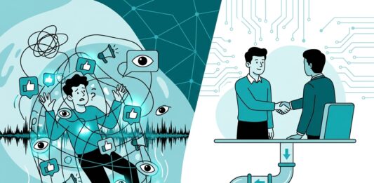 Más allá del Like: alinear el alcance de marketing con resultados de caja Ilustración sobre la diferencia entre métricas de vanidad en marketing digital y el flujo de ventas real en el sector IT B2B
