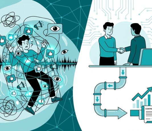 Más allá del Like: alinear el alcance de marketing con resultados de caja Ilustración sobre la diferencia entre métricas de vanidad en marketing digital y el flujo de ventas real en el sector IT B2B