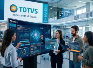 TOTVS impulsa bases estratégicas para acelerar el éxito de la IA en América Latina Una imagen corporativa futurista de un equipo de TOTVS interactuando con paneles de datos y pantallas flotantes transparentes. En el centro, una pantalla grande de 'TOTVS AI' muestra gráficos e información sobre 'Recomendación de inventario Inteligente (RI)', 'TOTVS ERP' y 'Big Data'. Cuatro empleados usan dispositivos flotantes para visualizar planes de optimización de la cadena de suministro. Al fondo, un letrero de 'TOTVS' dice 'Impulsando el futuro' y muestra estadísticas de crecimiento. La escena está llena de símbolos tecnológicos y un brazo robótico en una mesa.