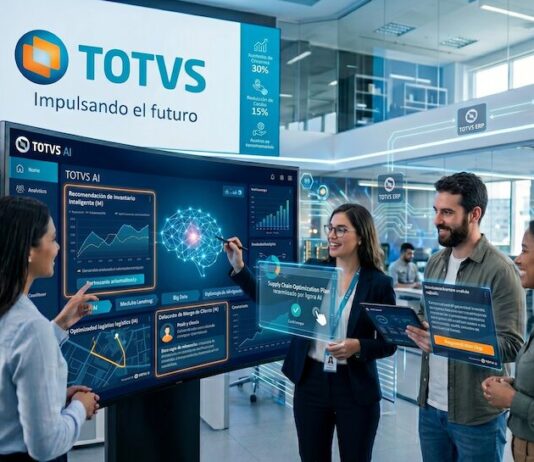 TOTVS impulsa bases estratégicas para acelerar el éxito de la IA en América Latina Una imagen corporativa futurista de un equipo de TOTVS interactuando con paneles de datos y pantallas flotantes transparentes. En el centro, una pantalla grande de 'TOTVS AI' muestra gráficos e información sobre 'Recomendación de inventario Inteligente (RI)', 'TOTVS ERP' y 'Big Data'. Cuatro empleados usan dispositivos flotantes para visualizar planes de optimización de la cadena de suministro. Al fondo, un letrero de 'TOTVS' dice 'Impulsando el futuro' y muestra estadísticas de crecimiento. La escena está llena de símbolos tecnológicos y un brazo robótico en una mesa.