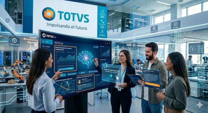 TOTVS acelera la transformación empresarial con Inteligencia Artificial Integrada Una imagen corporativa futurista de un equipo de TOTVS interactuando con paneles de datos y pantallas flotantes transparentes. En el centro, una pantalla grande de 'TOTVS AI' muestra gráficos e información sobre 'Recomendación de inventario Inteligente (RI)', 'TOTVS ERP' y 'Big Data'. Cuatro empleados usan dispositivos flotantes para visualizar planes de optimización de la cadena de suministro. Al fondo, un letrero de 'TOTVS' dice 'Impulsando el futuro' y muestra estadísticas de crecimiento. La escena está llena de símbolos tecnológicos y un brazo robótico en una mesa.