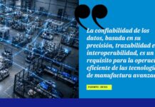 ZEISS impulsa la calidad conectada como eje de la manufactura avanzada Gráfico promocional dividido en dos secciones verticales. El lado izquierdo muestra una vista aérea de una planta industrial moderna con pasillos organizados y maquinaria conectada por líneas de datos digitales. El lado derecho, de fondo azul brillante, presenta unas comillas negras gigantes y una cita en letras cursivas blancas sobre la confiabilidad de los datos en la manufactura, con un recuadro amarillo abajo que indica "FUENTE: ZEISS".