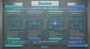 Infografía digital corporativa con fondo gris metálico texturizado que detalla los servicios centrales de Baufest bajo el título BAUFEST CORE SERVICES. La imagen muestra un flujo conceptual continuo dividido en cuatro paneles de vidrio translúcidos y retroiluminados con luces LED azules y cian: BUSINESS DESIGN (Estrategia y Diseño Humano), AI DIGITAL PRODUCTS (Productos Digitales), DATA & APPLIED AI (Datos e Inteligencia) y CYBERSECURITY (Seguridad y Resiliencia). Cada sección detalla mediante viñetas e íconos en inglés las soluciones de transformación, desarrollo, modernización y analítica predictiva de la empresa, cerrando en la base con tres pestañas que enuncian los lemas RESULTADOS MEDIBLES, EXPERIENCIA EXTRAORDINARIA y MEJORANDO LA VIDA.