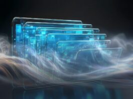 Cisco impulsa la infraestructura crítica con IA agéntica y seguridad en tiempo real Ilustración conceptual futurista que muestra una hilera de pantallas de cristal translúcido dispuestas de forma diagonal que brillan con luz azul cian. Los paneles flotantes despliegan circuitos electrónicos abstractos, flujos de datos lógicos e interfaces de usuario digitales, rodeados en la parte inferior por espirales de humo luminoso multicolor sobre un fondo oscuro.