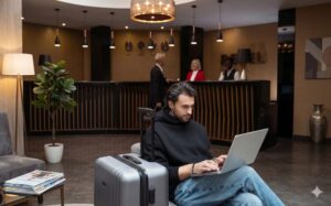 Fotografía digital de un joven profesional de cabello oscuro sentado en el sillón del lobby de un hotel, concentrado en su computadora portátil. Junto a él se encuentra una maleta gris de viaje con ruedas y mango extendido. Al fondo, se aprecia un mostrador de recepción de madera oscura iluminado por lámparas colgantes modernas, donde el personal atiende a otros huéspedes en un ambiente cálido.