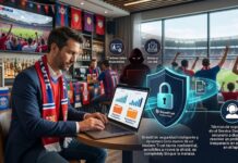 BeyondTrust: cómo proteger el trabajo remoto durante la temporada deportiva y los viajes de negocios Ilustración conceptual en un bar deportivo donde un ejecutivo con traje y bufanda de aficionado trabaja en su laptop frente a una barra. Al fondo, una pantalla gigante muestra un partido de fútbol en un estadio lleno de seguidores. Sobre la computadora flotan gráficos holográficos de ciberseguridad que incluyen la silueta de un hacker encapuchado con los letreros "Credenciales expuestas" y "Ataque de red", los cuales son bloqueados por un escudo azul brillante con un candado que lleva la marca BeyondTrust Modern PAM.