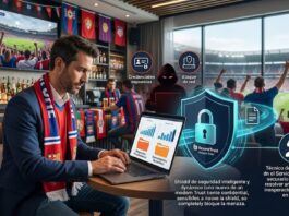 BeyondTrust: cómo proteger el trabajo remoto durante la temporada deportiva y los viajes de negocios Ilustración conceptual en un bar deportivo donde un ejecutivo con traje y bufanda de aficionado trabaja en su laptop frente a una barra. Al fondo, una pantalla gigante muestra un partido de fútbol en un estadio lleno de seguidores. Sobre la computadora flotan gráficos holográficos de ciberseguridad que incluyen la silueta de un hacker encapuchado con los letreros "Credenciales expuestas" y "Ataque de red", los cuales son bloqueados por un escudo azul brillante con un candado que lleva la marca BeyondTrust Modern PAM.