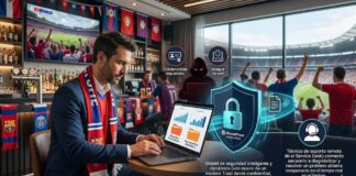 BeyondTrust: cómo proteger el trabajo remoto durante la temporada deportiva y los viajes de negocios Ilustración conceptual en un bar deportivo donde un ejecutivo con traje y bufanda de aficionado trabaja en su laptop frente a una barra. Al fondo, una pantalla gigante muestra un partido de fútbol en un estadio lleno de seguidores. Sobre la computadora flotan gráficos holográficos de ciberseguridad que incluyen la silueta de un hacker encapuchado con los letreros "Credenciales expuestas" y "Ataque de red", los cuales son bloqueados por un escudo azul brillante con un candado que lleva la marca BeyondTrust Modern PAM.