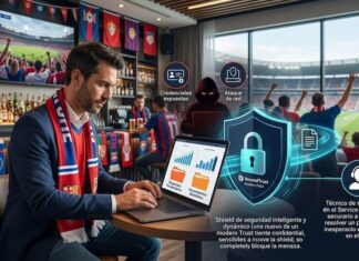 BeyondTrust: cómo proteger el trabajo remoto durante la temporada deportiva y los viajes de negocios Ilustración conceptual en un bar deportivo donde un ejecutivo con traje y bufanda de aficionado trabaja en su laptop frente a una barra. Al fondo, una pantalla gigante muestra un partido de fútbol en un estadio lleno de seguidores. Sobre la computadora flotan gráficos holográficos de ciberseguridad que incluyen la silueta de un hacker encapuchado con los letreros "Credenciales expuestas" y "Ataque de red", los cuales son bloqueados por un escudo azul brillante con un candado que lleva la marca BeyondTrust Modern PAM.