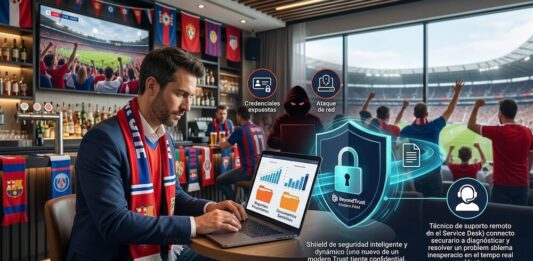 BeyondTrust: cómo proteger el trabajo remoto durante la temporada deportiva y los viajes de negocios Ilustración conceptual en un bar deportivo donde un ejecutivo con traje y bufanda de aficionado trabaja en su laptop frente a una barra. Al fondo, una pantalla gigante muestra un partido de fútbol en un estadio lleno de seguidores. Sobre la computadora flotan gráficos holográficos de ciberseguridad que incluyen la silueta de un hacker encapuchado con los letreros "Credenciales expuestas" y "Ataque de red", los cuales son bloqueados por un escudo azul brillante con un candado que lleva la marca BeyondTrust Modern PAM.