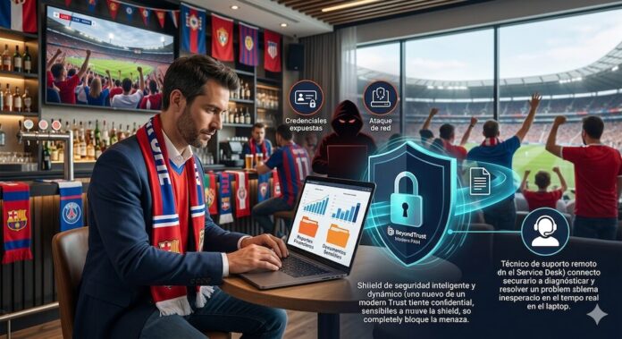 Ilustración conceptual en un bar deportivo donde un ejecutivo con traje y bufanda de aficionado trabaja en su laptop frente a una barra. Al fondo, una pantalla gigante muestra un partido de fútbol en un estadio lleno de seguidores. Sobre la computadora flotan gráficos holográficos de ciberseguridad que incluyen la silueta de un hacker encapuchado con los letreros 