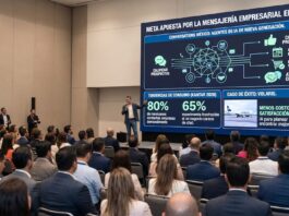 Meta impulsa la adopción de agentes de IA y abre nuevas oportunidades de negocio para las empresas mexicanas Ilustración conceptual dividida en dos paneles informativos sobre el uso de Meta Business Agent. El panel izquierdo muestra a una artesana en su tienda rodeada de vasijas de barro, mientras una mano en primer plano sostiene un teléfono inteligente que simula un chat de WhatsApp web mostrando la foto de un jarrón con respuestas automáticas del agente de Meta para agendar una cita. El panel derecho muestra el entorno de una oficina corporativa moderna con varios ingenieros trabajando frente a pantallas de computadora que despliegan la "PLATAFORMA META BUSINESS AGENT" con secciones para "INTEGRACIÓN DE SISTEMAS PROPIOS" y "CONTROLES DE SEGURIDAD Y LINEAMIENTOS", junto a una ventana de WhatsApp que simula interacciones de la empresa Uber.