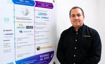 Intercompras: El eCommerce empresarial redefine la forma en que las organizaciones compran tecnología Retrato corporativo de plano medio que muestra a Eduardo Noriega, CEO de Intercompras, vistiendo una camisa negra formal con un sutil logotipo bordado en el pecho. Posa de tres cuartos hacia la izquierda, sonriendo levemente frente a una pared blanca donde cuelga un gran panel acrílico transparente. El panel despliega una línea de tiempo corporativa dividida en secciones cronológicas con logotipos de marcas como Cisco, Syscom, Unicom y Grupo Decme, detallando hitos de infraestructura, volumen de productos, cantidad de clientes y una sección inferior titulada "Rumbo al 2030: El futuro que estamos construyendo".