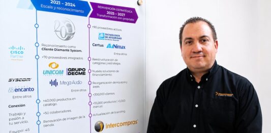 Intercompras: El eCommerce empresarial redefine la forma en que las organizaciones compran tecnología Retrato corporativo de plano medio que muestra a Eduardo Noriega, CEO de Intercompras, vistiendo una camisa negra formal con un sutil logotipo bordado en el pecho. Posa de tres cuartos hacia la izquierda, sonriendo levemente frente a una pared blanca donde cuelga un gran panel acrílico transparente. El panel despliega una línea de tiempo corporativa dividida en secciones cronológicas con logotipos de marcas como Cisco, Syscom, Unicom y Grupo Decme, detallando hitos de infraestructura, volumen de productos, cantidad de clientes y una sección inferior titulada "Rumbo al 2030: El futuro que estamos construyendo".