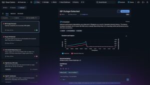 Captura de pantalla de la interfaz de usuario de Cisco Cloud Control con diseño de tema oscuro. Muestra un panel interactivo donde el asistente de IA analiza de forma automatizada un incidente crítico titulado "ISP Outage Detected" debido a una degradación de rendimiento en Singapur. La pantalla central incluye gráficos lineales que miden la pérdida de paquetes y la tasa de fallas transaccionales sobre el tiempo, un apartado de recomendaciones de mitigación mediante políticas de rollback, y un menú lateral izquierdo que enlista alertas operativas de conmutadores y puntos de acceso inalámbricos.