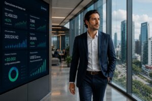 Fotografía de estudio en plano general medio que muestra a un ejecutivo de finanzas y tecnología caminando y posando de frente dentro de una oficina corporativa moderna. El profesional, de tez clara y cabello oscuro, viste un traje de traje azul marino entallado con una camisa de vestir blanca de cuello abierto. Camina por un pasillo con el fondo desenfocado donde se observa una gran sala de juntas con personas reunidas y, a través de ventanales gigantes, una vista panorámica de rascacielos de una metrópoli. A la izquierda, empotrado en el muro gris, resalta un panel digital o videowall que despliega en tiempo real el panel de control del "Core Bancario Agéntico" de Mambu, mostrando gráficos de líneas y barras con métricas operativas como "Clientes activos 12,458,320", "Transacciones por segundo 7,986" y proyecciones de mercado global de finanzas embebidas hacia 2030 por "US$7,2 billones".