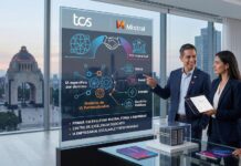 TCS y Mistral llevan la IA empresarial personalizada a una nueva etapa global Fotografía en plano medio de tres profesionales corporativos en trajes oscuros situados dentro de una oficina con una vista panorámica urbana del Monumento a la Revolución en la Ciudad de México a través del ventanal. En la sección izquierda, una pantalla vertical de cristal translúcido muestra diagramas informativos con los logotipos de "TCS" y "Mistral", desglosando sectores como Banca, Retail, Energía y Servicios Públicos bajo el concepto "IA específica por dominio". El ejecutivo central sonríe mientras apunta con su mano hacia la infografía del panel, al tiempo que una de las ejecutivas sostiene una tableta digital. En primer plano, sobre una mesa de vidrio, se aprecian folletos informativos y una pequeña maqueta de un centro de datos dentro de un cubo transparente.
