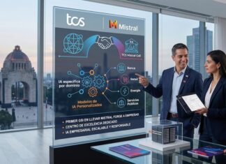 TCS y Mistral llevan la IA empresarial personalizada a una nueva etapa global Fotografía en plano medio de tres profesionales corporativos en trajes oscuros situados dentro de una oficina con una vista panorámica urbana del Monumento a la Revolución en la Ciudad de México a través del ventanal. En la sección izquierda, una pantalla vertical de cristal translúcido muestra diagramas informativos con los logotipos de "TCS" y "Mistral", desglosando sectores como Banca, Retail, Energía y Servicios Públicos bajo el concepto "IA específica por dominio". El ejecutivo central sonríe mientras apunta con su mano hacia la infografía del panel, al tiempo que una de las ejecutivas sostiene una tableta digital. En primer plano, sobre una mesa de vidrio, se aprecian folletos informativos y una pequeña maqueta de un centro de datos dentro de un cubo transparente.