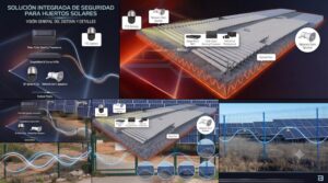 Infografía dividida en varios paneles titulada "Solución integrada de seguridad para huertos solares". Muestra diagramas tridimensionales de paneles solares y cercas perimetrales superpuestos con íconos de cámaras PTZ, cámaras FTZ, altavoces de red (Network Horn Speakers), procesadores de detección por fibra óptica y grabadores DeepinMind. Líneas luminosas rojas y azules ilustran la conexión de la fibra óptica a lo largo de las instalaciones.