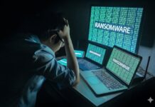 México, entre los países más afectados por el robo de identidad y el ransomware, alerta Sophos Fotografía que muestra a un administrador de TI visto desde atrás, sentado frente a su estación de trabajo en una habitación oscura y sosteniendo su cabeza con ambas manos en un gesto de frustración y estrés. Frente a él, tres pantallas alineadas (una tableta, una computadora portátil en primer plano y un monitor grande al fondo) despliegan simultáneamente código binario de color verde brillante sobre el cual resalta la palabra "RANSOMWARE" en letras mayúsculas blancas, bloqueando el acceso al sistema.