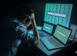 México, entre los países más afectados por el robo de identidad y el ransomware, alerta Sophos Fotografía que muestra a un administrador de TI visto desde atrás, sentado frente a su estación de trabajo en una habitación oscura y sosteniendo su cabeza con ambas manos en un gesto de frustración y estrés. Frente a él, tres pantallas alineadas (una tableta, una computadora portátil en primer plano y un monitor grande al fondo) despliegan simultáneamente código binario de color verde brillante sobre el cual resalta la palabra "RANSOMWARE" en letras mayúsculas blancas, bloqueando el acceso al sistema.