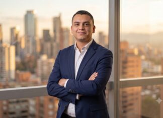 Servinformación convierte los datos en ventaja competitiva con soluciones de geolocalización inteligente Fotografía de Kevin Alfonso, vistiendo un traje azul oscuro sobre una camisa blanca, posando de pie con los brazos cruzados. Se encuentra frente a un amplio ventanal que ofrece una vista panorámica de una ciudad iluminada por la luz dorada del atardecer.