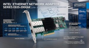 Infografía publicitaria de producto que muestra en primer plano la tarjeta de red Intel Ethernet Network Adapter Series E835-200GbE aislada tridimensionalmente sobre un fondo de pasillo de servidores desenfocado. El hardware expone su circuito impreso verde (PCB) con un robusto disipador de calor negro de ranuras verticales, interfaz PCI Express y un bracket metálico frontal con dos puertos SFP de alta velocidad. A la izquierda, un panel de control digital azul desglosa las capacidades de escalabilidad del sistema de 10GbE a 200GbE y configuraciones versátiles de puertos como 2x25G, 4x25G y 2x100G, mientras a la derecha múltiples líneas de llamada detallan sus certificaciones de seguridad y criptografía FIPS 140-3 Nivel 1.