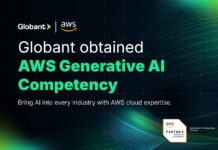 Globant obtiene la Competencia de IA Generativa de AWS y fortalece la adopción empresarial de IA Imagen promocional con fondo oscuro de malla digital e iluminación verde en los extremos. En la parte superior izquierda destacan los logotipos de Globant y AWS separados por una línea vertical. Al centro se lee en letras grandes blancas y verdes: "Globant obtained AWS Generative AI Competency", seguido de la frase secundaria "Bring AI into every industry with AWS cloud expertise." En la esquina inferior derecha aparece la insignia oficial de acreditación "AWS Partner AI Services Competency" con la distinción "Generative AI Consulting Services".
