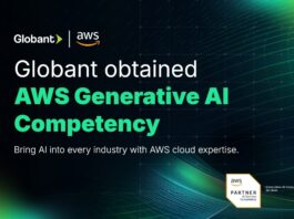 Globant obtiene la Competencia de IA Generativa de AWS y fortalece la adopción empresarial de IA Imagen promocional con fondo oscuro de malla digital e iluminación verde en los extremos. En la parte superior izquierda destacan los logotipos de Globant y AWS separados por una línea vertical. Al centro se lee en letras grandes blancas y verdes: "Globant obtained AWS Generative AI Competency", seguido de la frase secundaria "Bring AI into every industry with AWS cloud expertise." En la esquina inferior derecha aparece la insignia oficial de acreditación "AWS Partner AI Services Competency" con la distinción "Generative AI Consulting Services".