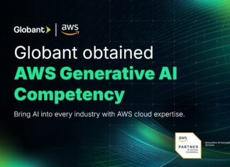 Globant obtiene la Competencia de IA Generativa de AWS y fortalece la adopción empresarial de IA Imagen promocional con fondo oscuro de malla digital e iluminación verde en los extremos. En la parte superior izquierda destacan los logotipos de Globant y AWS separados por una línea vertical. Al centro se lee en letras grandes blancas y verdes: "Globant obtained AWS Generative AI Competency", seguido de la frase secundaria "Bring AI into every industry with AWS cloud expertise." En la esquina inferior derecha aparece la insignia oficial de acreditación "AWS Partner AI Services Competency" con la distinción "Generative AI Consulting Services".