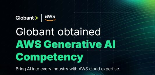 Globant obtiene la Competencia de IA Generativa de AWS y fortalece la adopción empresarial de IA Imagen promocional con fondo oscuro de malla digital e iluminación verde en los extremos. En la parte superior izquierda destacan los logotipos de Globant y AWS separados por una línea vertical. Al centro se lee en letras grandes blancas y verdes: "Globant obtained AWS Generative AI Competency", seguido de la frase secundaria "Bring AI into every industry with AWS cloud expertise." En la esquina inferior derecha aparece la insignia oficial de acreditación "AWS Partner AI Services Competency" con la distinción "Generative AI Consulting Services".