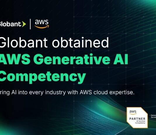 Globant obtiene la Competencia de IA Generativa de AWS y fortalece la adopción empresarial de IA Imagen promocional con fondo oscuro de malla digital e iluminación verde en los extremos. En la parte superior izquierda destacan los logotipos de Globant y AWS separados por una línea vertical. Al centro se lee en letras grandes blancas y verdes: "Globant obtained AWS Generative AI Competency", seguido de la frase secundaria "Bring AI into every industry with AWS cloud expertise." En la esquina inferior derecha aparece la insignia oficial de acreditación "AWS Partner AI Services Competency" con la distinción "Generative AI Consulting Services".