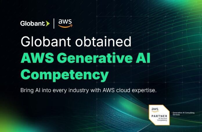 Imagen promocional con fondo oscuro de malla digital e iluminación verde en los extremos. En la parte superior izquierda destacan los logotipos de Globant y AWS separados por una línea vertical. Al centro se lee en letras grandes blancas y verdes: 