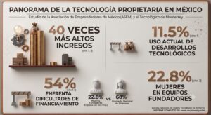 Infografía digital titulada "PANORAMA DE LA TECNOLOGÍA PROPIETARIA EN MÉXICO" basada en el estudio de la ASEM y el Tecnológico de Monterrey. El diseño muestra cuatro cuadrantes con estadísticas e ilustraciones tridimensionales en tonos bronce y gris. El cuadrante superior izquierdo destaca "40 VECES MÁS ALTOS INGRESOS" junto a un engrane, un foco y altas columnas de monedas. Abajo, señala "54% ENFRENTA DIFICULTADES DE FINANCIAMIENTO" con la figura de una valla de construcción. A la derecha, se muestra que solo el "11.5% USO ACTUAL DE DESARROLLOS TECNOLÓGICOS" y, abajo, un "22.8% MUJERES EN EQUIPOS FUNDADORES", comparando gráficamente mediante siluetas minimalistas masculinas y femeninas el 22.8% de empresas con tecnología propia contra el 68% del promedio nacional.